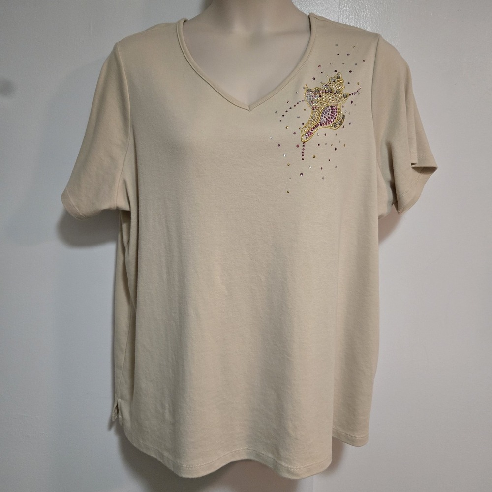 Quacker Factory Size 2X Beige Nautical Seashell Rhinestone Top Sparkle A276853